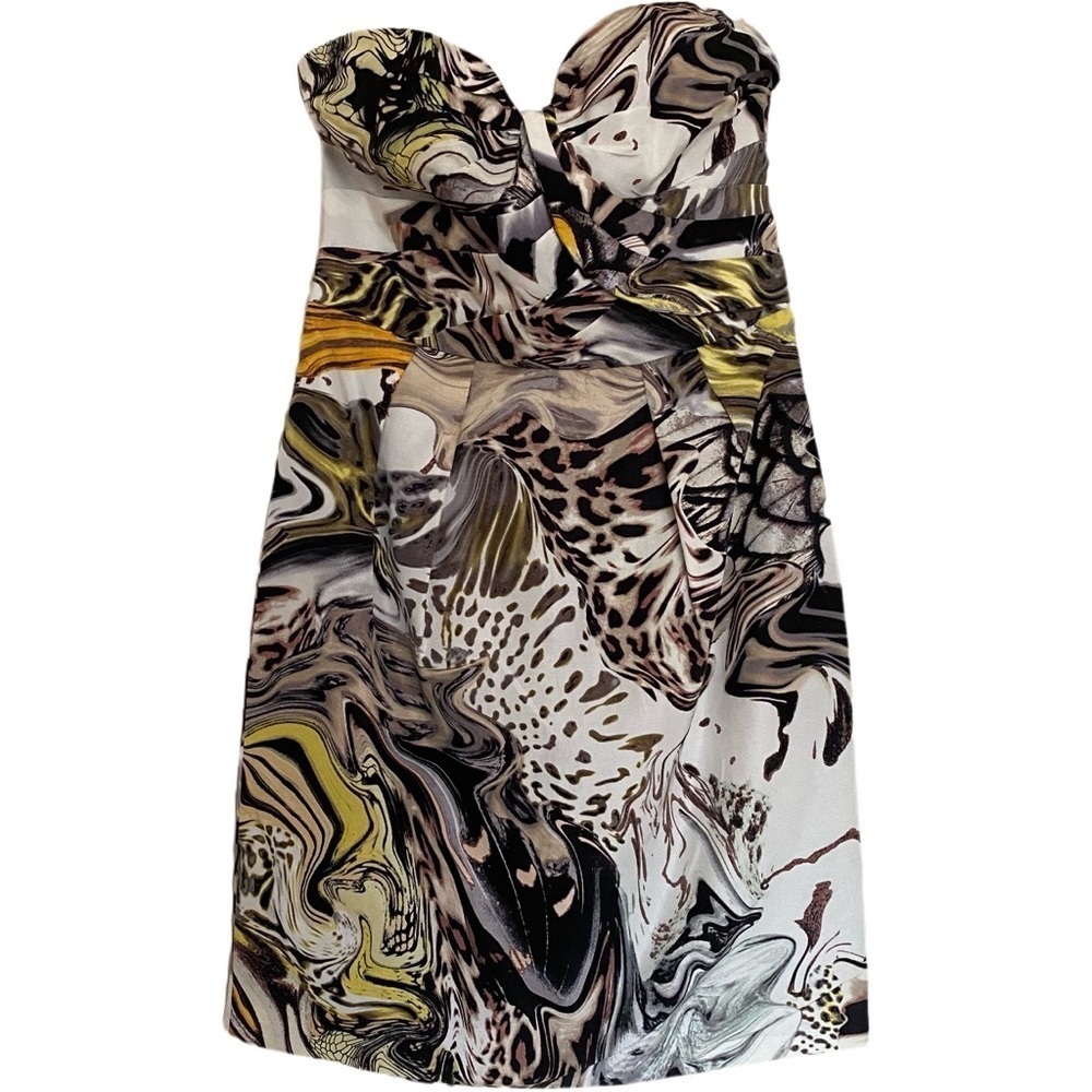 leifsdottir Strapless Sculpted Bodice Dress in White, Black, Yellow, Brown